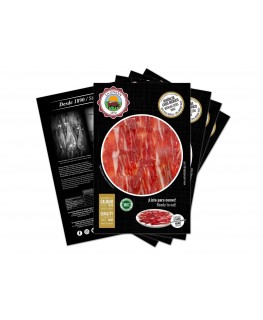 100 g. packaging of hand-cut Iberian Cebo Ham 50% Iberian Race